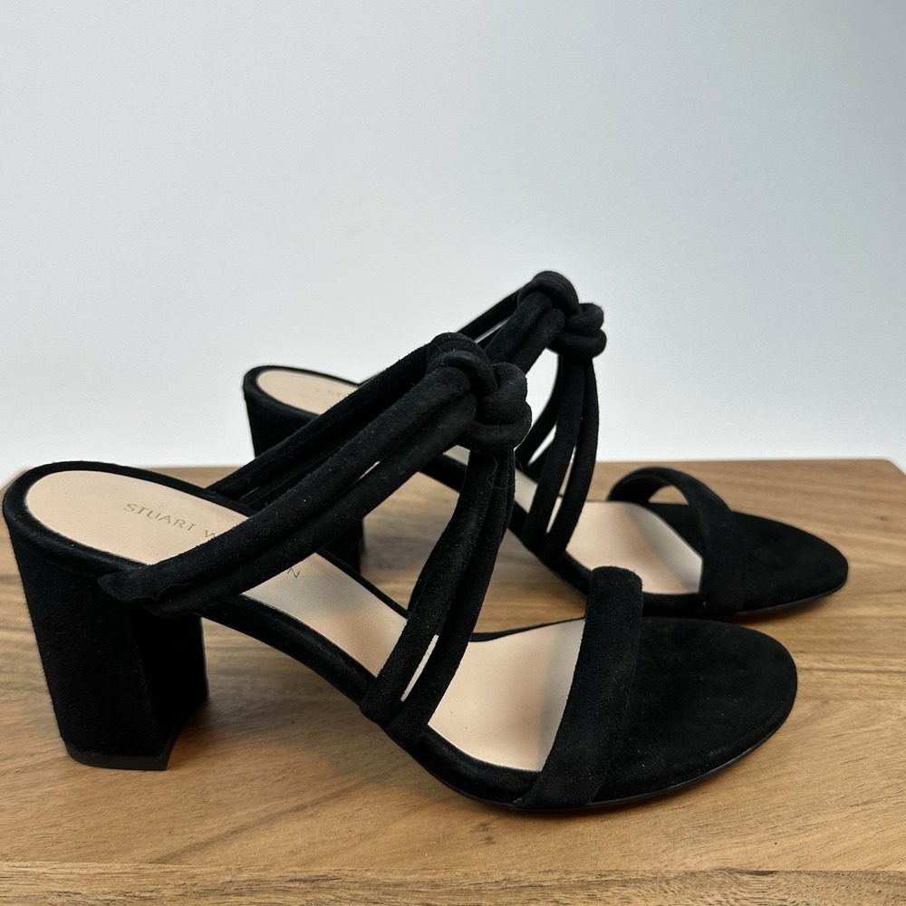 New Womens Stuart Weitzman Twist Knot Black Suede Slip On Sandals Heels Size 6 B